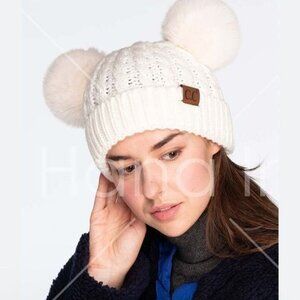C.C Exclusives Cream Knit Beanie With Pom Poms